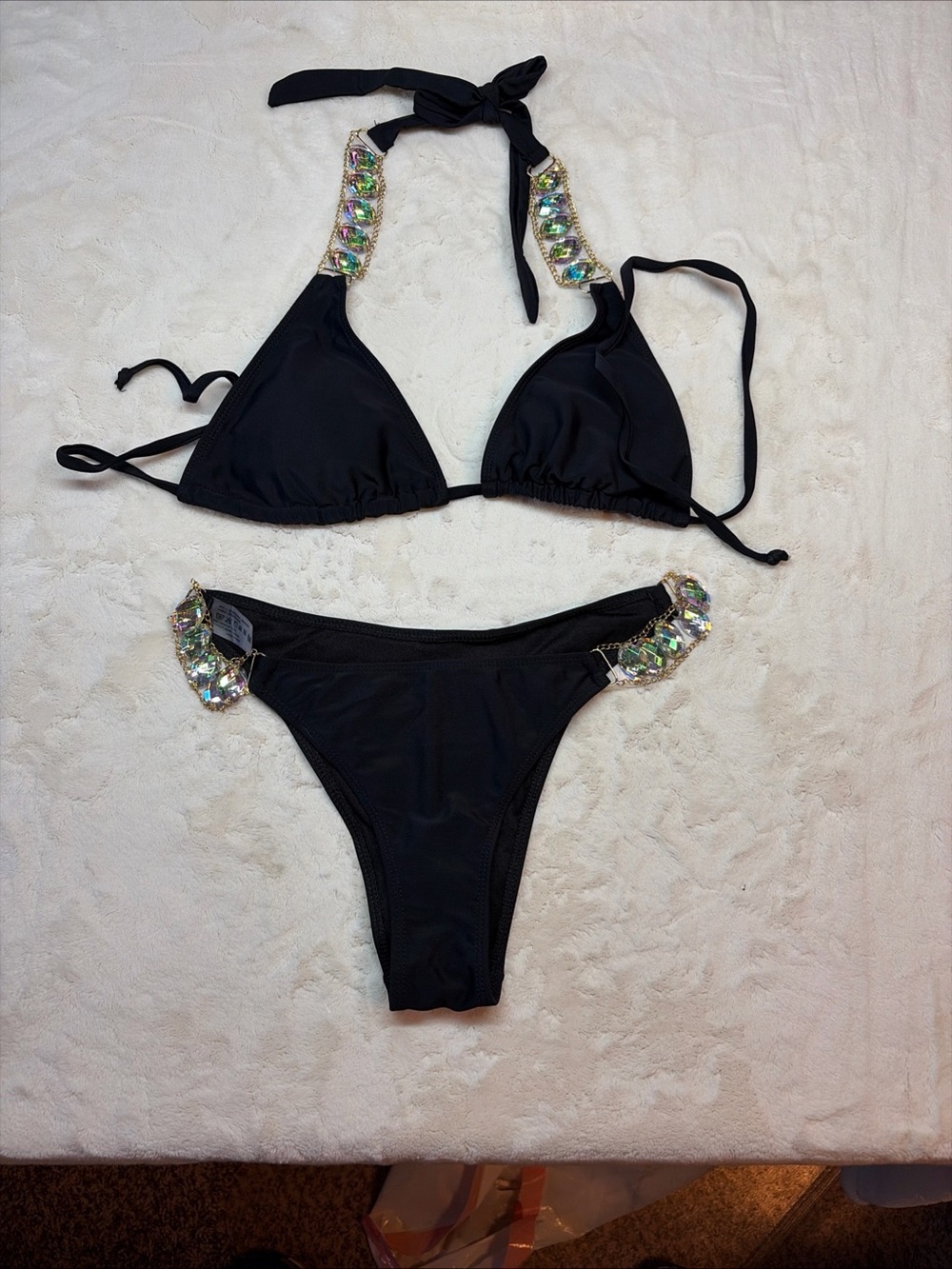 Hot Women Diamond Bikini Set Metal Chain Rhinestone Two Piece Swimsuit Sz M